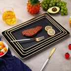 Rtteri Set of 4 Large Serving Platter Set 15/14/13/12 Inch Heavy Plastic Serving Trays Unbreakable Rectangular Platter Reusable Wood Grain Tray for Buffet Wedding Christmas Party(Black and Gold)