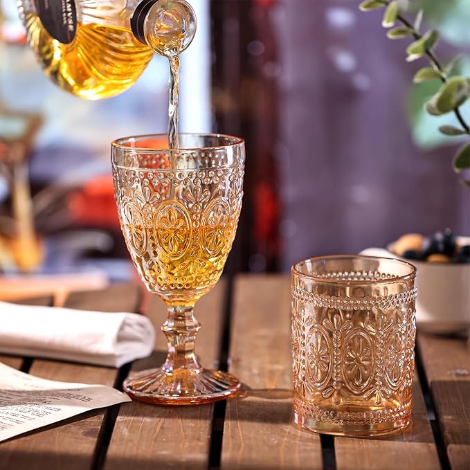 Amber Glassware set of 4, Vintage Drinking Glasses, 10oz Heavy Duty Glass Cups, Colored Glassware Set, Embossed Glasses Set for Party Wedding Home Office Gift