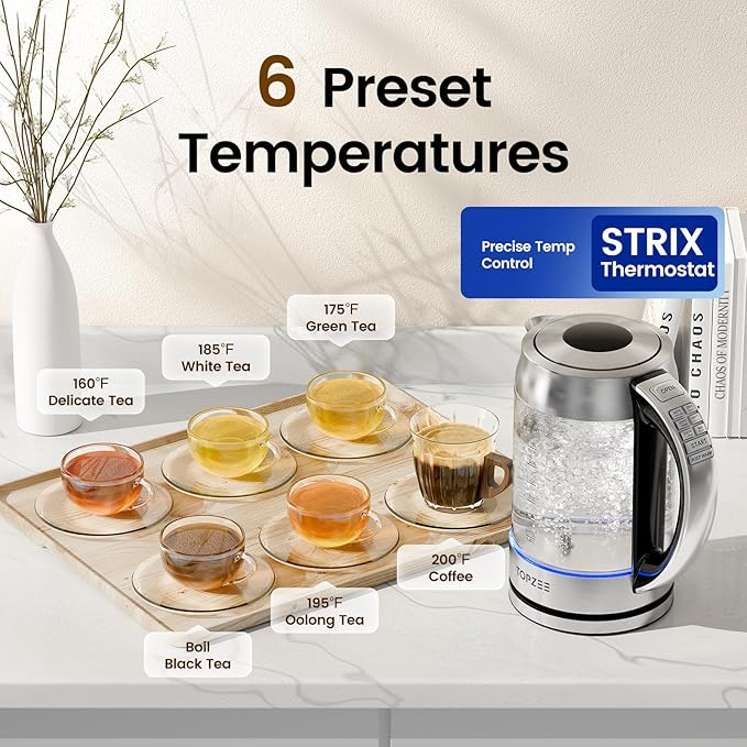 TOPZEE 1.7L Glass Electric Kettle for Coffee & Tea, Hot Water Boiler with 6 Preset Temperatures, Keep Warm and Memory Function, Auto Shut-off & Dry Boil Protection, BPA Free, Rapid Boil, 1500W, Silver