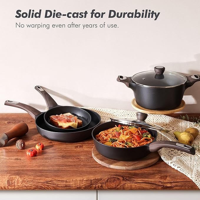 SENSARTE Pots and Pans Set Non stick, Non toxic Healthy Induction Cookware Sets, 14 Pcs Non Stick Kitchen Cooking Set with Frying Pans Set & Saucepan, PFOA PFOS APEO Free, Black