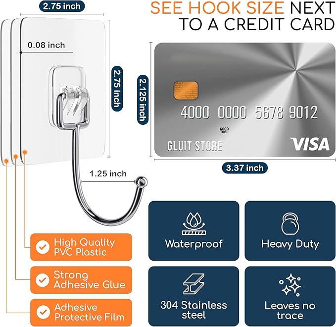 GLUIT Adhesive Large Wall Hooks for Hanging Heavy Duty 22 lbs Hook for Walls No Damage (6 Large Hooks)