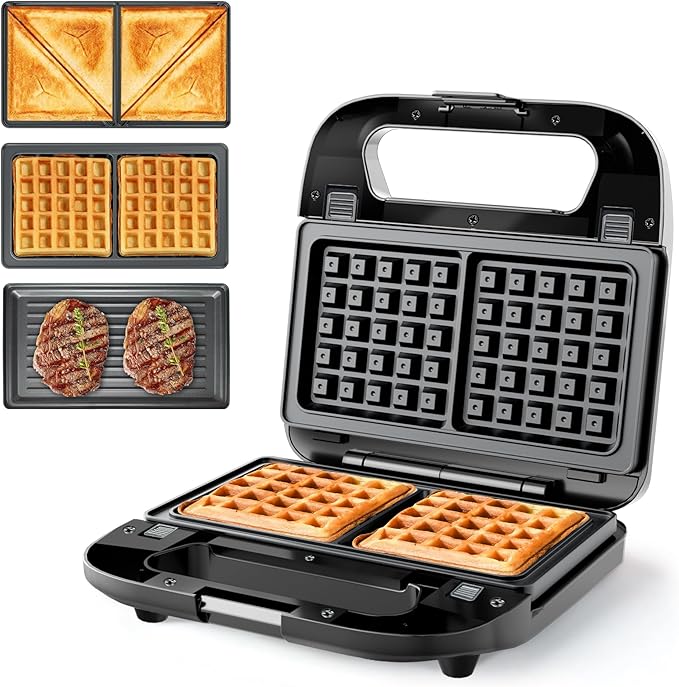 3 in 1 Sandwich Maker & Waffle Maker, Removable Non-Stick Plates, Panini Press, Grilled Cheese Maker, Cool-Touch Handle, LED Light, Easy Clean, 750W, for Home Kitchen Breakfast
