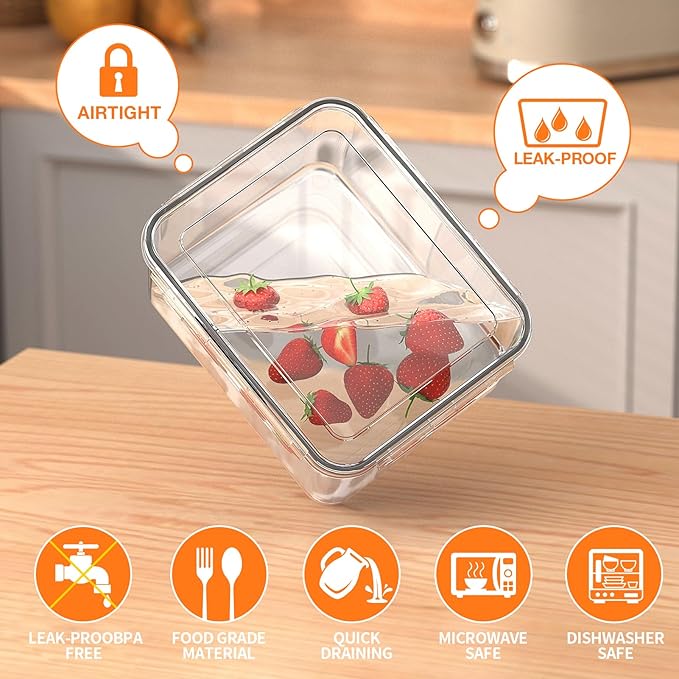 5 PCS Large Fruit Storage Containers for Fridge with Removable Colanders, Airtight Food Storage Containers with 5 Lids, 4 in 1 Produce Containers Keep Berry Fruits Vegetable Food Meat Fresh Longer