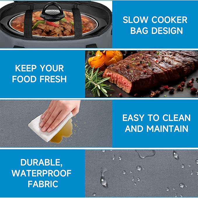 Double Layer Slow Cooker Travel Bag Compatible with 6, 7, 8 Quart Crock-Pot, Insulated Travel Carrier with Easy to Clean Lining, Grey