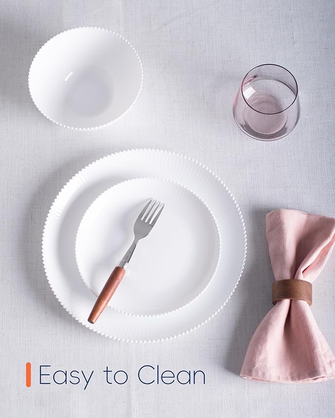 7.5 inch Ribbed Salad Appetizer Plate Set of 6, Opal Glass Round Small White Plates for Dessert, Kitchen, Dishwasher and Microwave Safe