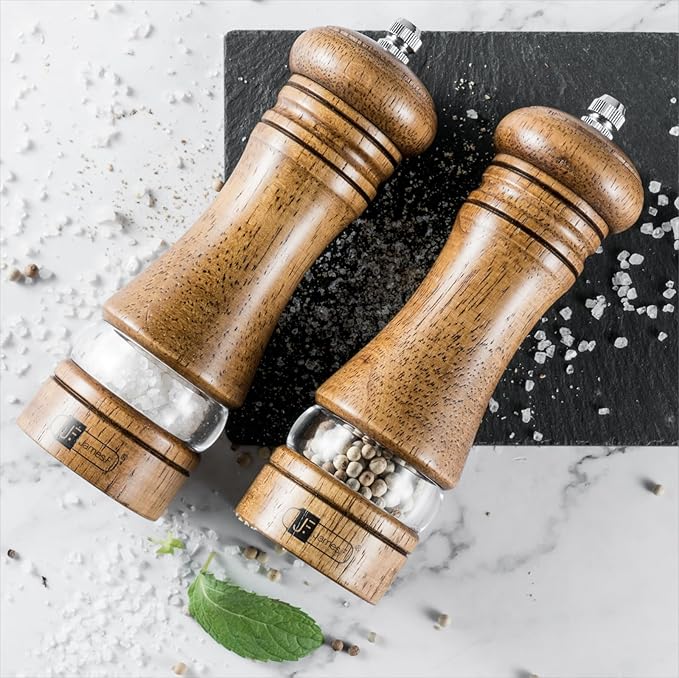 Wooden Salt and Pepper Grinder Set, 6.5 inch Rubber Wood Salt and Pepper Mills Set of 2 with Acrylic Visible Window & Adjustable Ceramic Rotor