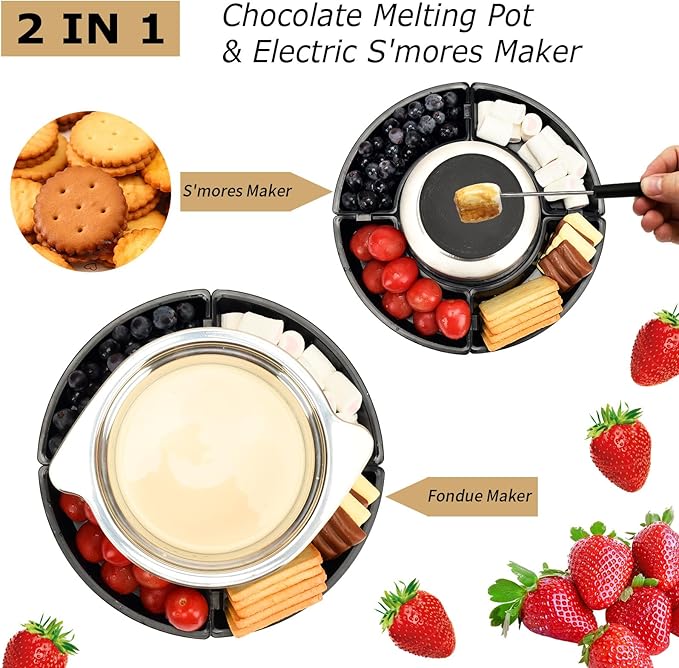SANGLE SOPFFY 2 in 1 Fondue Pot & Electric S'mores Maker - Cheese and Chocolate Fondue Set with Temperature Control,Detachable Trays,Fondue Pot Electric Set w 4 Forks,Perfect for Parties,Family Gifts