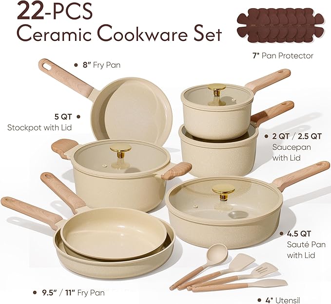 CAROTE 22Pcs Pots and Pans Set Non stick, Ceramic Cookware Set, Non-toxic Kitchen Cooking Set, PFAS and PFOA Free