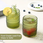 Vintage Glassware Drinking Glasses Set of 6,12 oz Hobnail Glass Cups,Embossed Green Water Tumbler,for Beer,Cocktail,Whiskey,Juice and Various Mixed Drinks- 1 Cleaning Brush