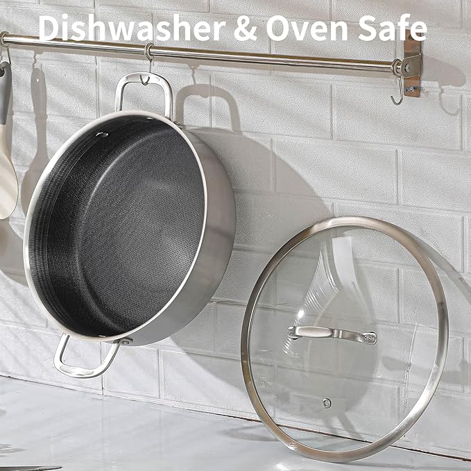 DELARLO Tri-Ply Stainless Steel 7QT Saute Pan With Lid Nonstick, 12 Inch Deep Frying Pan, Large Skillet, Cooker Pan,Dishwasher & Oven Safe