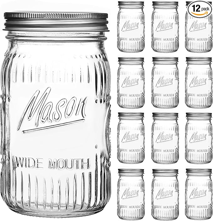 12 Pack 32 oz Wide Mouth Mason Jars - Heavy Duty Glass Storage Jars with Airtight & Leak Proof Lids for Pickling, Canning, Food Storage, Flour, Sugar, Pasta, Oats & DIY Projects (12pack 32oz)