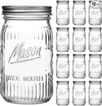 12 Pack 32 oz Wide Mouth Mason Jars - Heavy Duty Glass Storage Jars with Airtight & Leak Proof Lids for Pickling, Canning, Food Storage, Flour, Sugar, Pasta, Oats & DIY Projects (12pack 32oz)