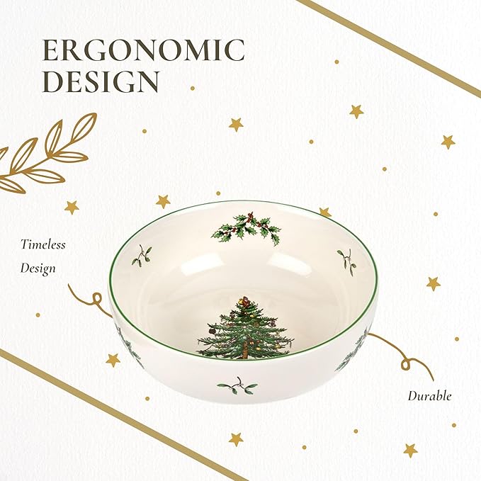 Spode Christmas Tree Individual Fruit Bowl - 7 Inch Porcelain Oatmeal, Salad, Soup, Cereal, Breakfast, Dessert Bowl - Durable, Stackable, Microwave & Dishwasher Safe - Decorative Holiday Design
