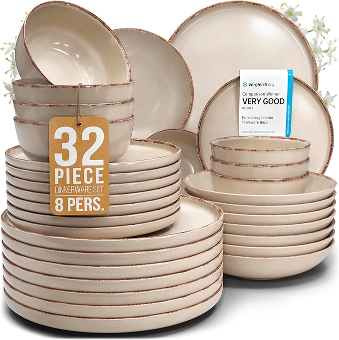 Stoneware dinnerware set 8 persons Rustic 32 pcs - Rustic design dinnerware set, dishwasher safe - Bowl and plate set - Pure Living dinnerware in beige…