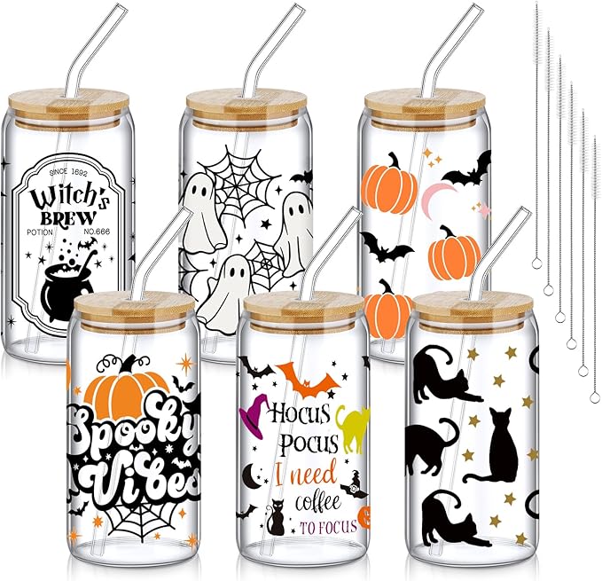 6 Pcs Halloween Drinking Glasses 16 oz Hearts Glass Cup with Bamboo Lid and Glass Straw Can Shaped Beer Glass Reusable Love Smoothie Cup for Women Teenager Valentine Party Birthday Gift