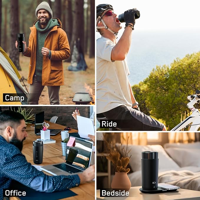 Temperature Control Heated Coffee Mug Smart Self Heating Travel Mug 12 Oz App Controlled Warmer Mug 4-10 Hour LED Display Keep Coffee Hot All Day Fast Wireless Charger Base Iron Black