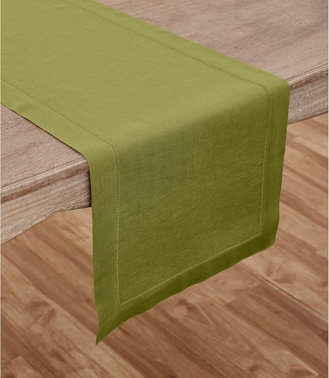 Solino Home Linen Hemstitch Table Runner 36 Inches - 100% Pure Linen Avocado Green Table Runner 14 x 36 Inch Ideal for Dresser and Coffee Tables - Summer, Fall, Autumn - Classic Hemstitch