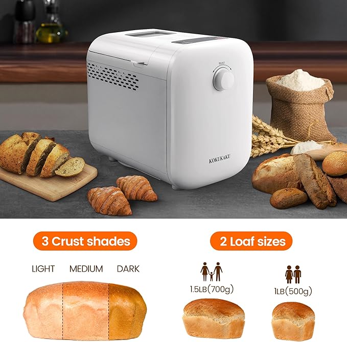 22-In-1 Compact Automatic Bread Maker Machine, 1LB/1.5LB Programmable 2 Loaf Sizes, 3 Crust Colors, Small Digital Home Bakery with Dough, Cake, Jam, Yogurt, Non-stick Pan, White