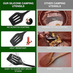 Camping Cooking Essentials Utensils Set - Camp Cookware Kitchen Accessories Kit, Camper Gear Must Haves, Stainless Steel & Silicone, RV Car Portable Outdoor Equipment Tool