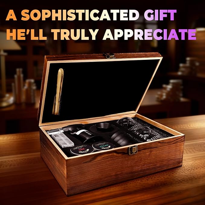 Electric Whiskey Smoker Kit, Luxurious Wooden Box, Heartfelt Christmas Gifts, with 4 Wood Chips, Torch, Ice Molds, Recipe, Stones, Old Fashioned Bourbon Cocktails Smoker, Gifts for Men (No Butane)