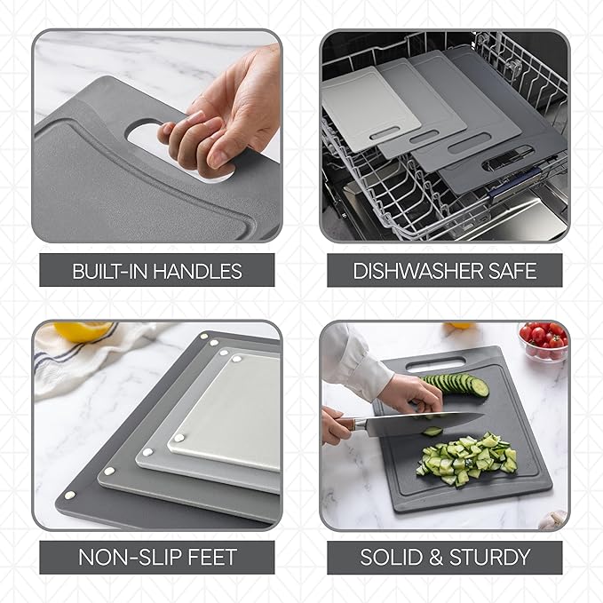 COOK WITH COLOR Non-Slip Cutting Board Set – Kitchen Essentials with Easy Grip Handle for Meat, Veggies, and Fruits, 4 Cutting Boards, Gray-New