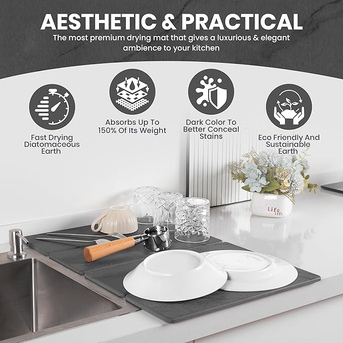 Dusk & Decor Folding Stone Dish Drying Mat – Quick-Drying Diatomaceous Earth Kitchen Mat for Counter – Foldable, Non-Slip Diatomite Sink Tray for Dishes and Utensils - Gray