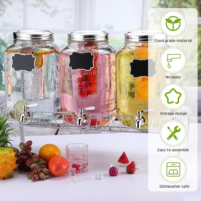 Lallisa 3 Pcs 2.5 Gallon Beverage Dispensers for Parties Glass Drink Water Dispenser with Stand Stainless Steel Leakproof Spigot Ice Cylinder Hanging Chalkboard Signs Pen(Silver)