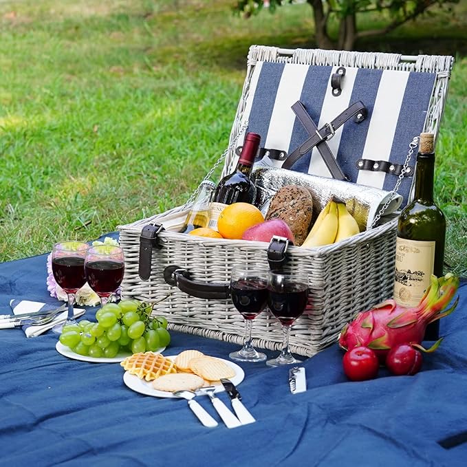 Picnic Basket Sets for 4 Persons with Insulation Layer,Waterproof Picnic Blanket, Tableware for Family,Party,Outdoor Living,Camping