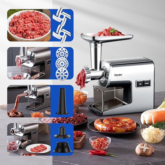 Electric Meat Grinder,3000 Max Stainless Steel Meat Mincer with 2 Blades,3 Grinding Plates,Food Pusher,Meat Claw,Sausage Stuffer Tubes & Kubbe Kit for Home & Kitchen Using