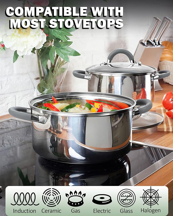 Cook N Home Kitchen Cookware Set, 12-Piece Basics Stainless Steel Pots and Pans Set with Gray Silicone Handle, Silver