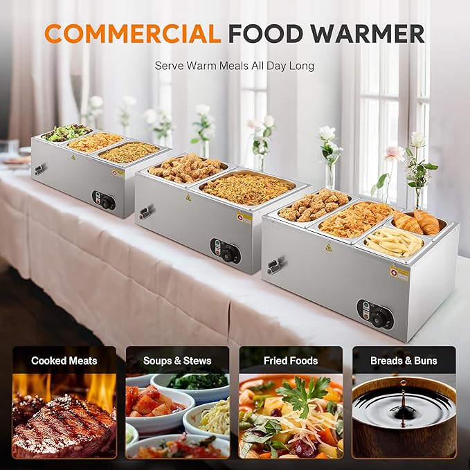 WILPREP Commercial Food Warmer with Two 1/3 & Two 1/6 Pans, 1500W Countertop Electric Warmer, 86-185°F Adjustable Temp Control, Stainless Steel Buffet Bain Marie
