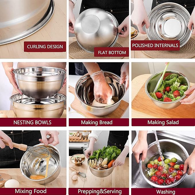 MIKULA Mixing Bowls, Mixing Bowl Set with Lids, 22PCS Large Stainless Steel Mixing Bowls & 400ML Measuring Cups Spoons Storage Nesting Metal Baking Bowl 7/6/4.5/3.5/2.5QT for Kitchen Supplies