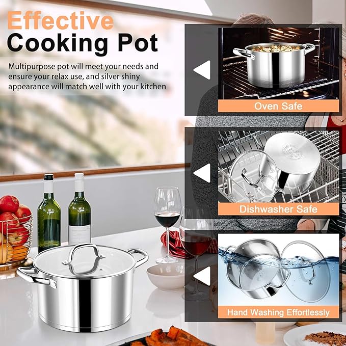 P&P CHEF 5 Quarts Cooking Stock Pot with Lid, Stainless Steel Stockpot Induction Pot for Soup, Tri-Ply Bottom & Clear Glass Lid & Double Handle, Dishwasher Safe