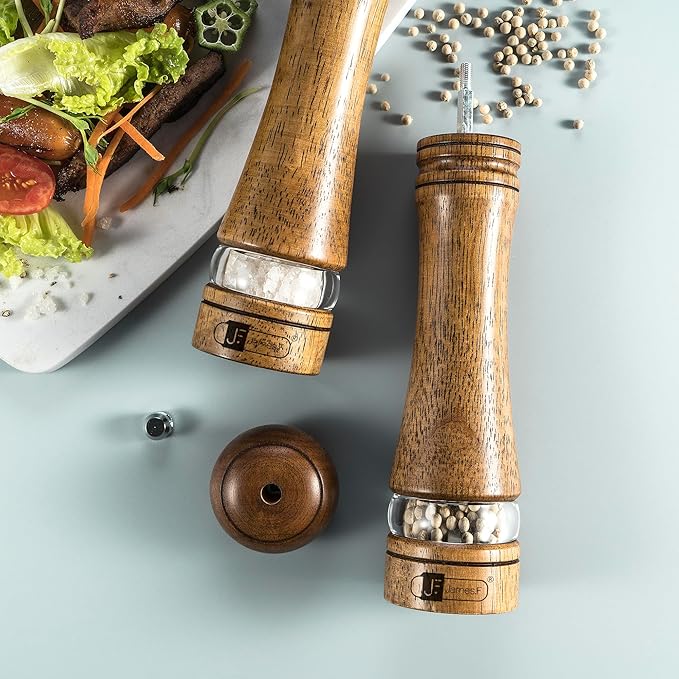 Wooden Salt and Pepper Grinder Set, 8 inch Rubber Wood Salt and Pepper Mills Set of 2 with Acrylic Visible Window & Adjustable Ceramic Rotor