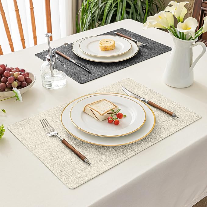 Romanstile Reversible Vinyl Placemats Set of 6, Faux Leather 100% Waterproof Oil-Proof Wipeable Place Mats, Heat Resistant Dual Sided Table Mats for Kitchen/Dining/Party (Grey Beige, 12 x 17 Inch)
