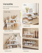 SONGMICS Spice Racks, Set of 2 Expandable Kitchen Countertop Shelves, Small Cupboard Organizers, Metal, Space-Saving Tabletop Shelves, Matte White UKCS402W01