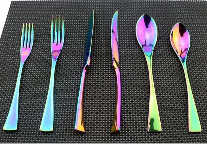 Flatware Set 18/10 Stainless Steel Mirror Polished Rainbow Colorful Cutlery - Silverware Utensil Set of Serrated Steak Knife Dinner Fork Knife Salad Fork Dessert Spoon,24 Piece Service for 4