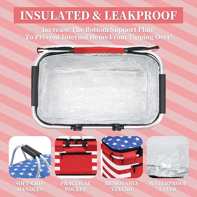 Insulated Picnic Basket,Leak-Proof Collapsible Cooler Bag,26L Grocery Basket with Lid,2 Sturdy Handles,Storage Basket for Picnic,Food Delivery,Take Outs,Market Shopping,Travel (Star)