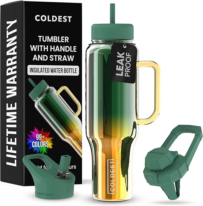 Coldest Tumbler with Handle and Straw - 100% Spill Proof Tumbler with Straw (3 Lids) - Stainless Steel Insulated Leakproof Tumblers for Women & Men - Cup Holder Friendly - 46 oz (Atlantean Nova)