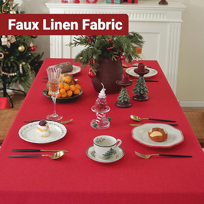 Laolitou Table Cloth Rectangle Linen Waterproof Textured Red Tablecloth, Washable Wrinkle Free Spill Proof Fabric Tablecloths for Dining Table Farmhouse Kitchen Holiday, 60x104 Inch