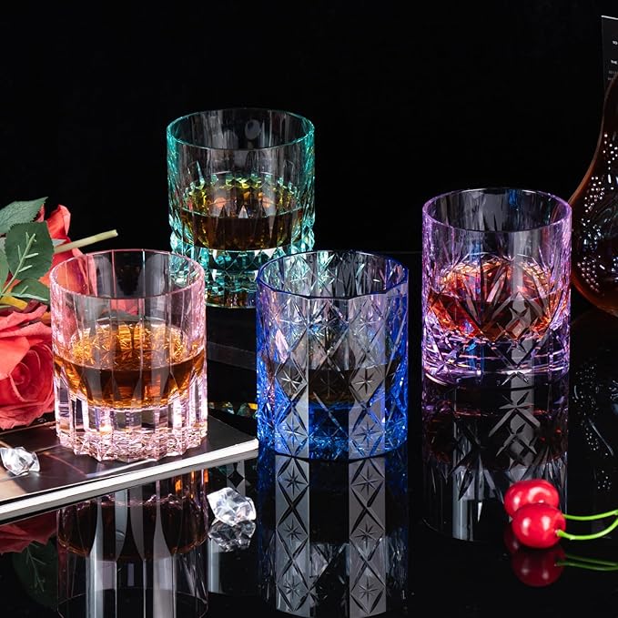 KAMMAK Crystal Whiskey Glasses Set, 8.12 oz (240 ml) Purple Old Fashioned Tumbler, Hand Blown Thick Base Colored Glass with Delicate Rim & Seamless Design for Scotch, Bourbon, Cocktails