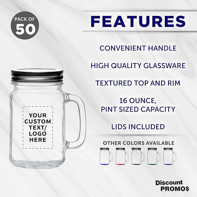 DISCOUNT PROMOS Custom Libbey Handle Mason Jars w/Lids 16 oz. Set of 50, Personalized Bulk Pack - Traditional style, High standard - Clear
