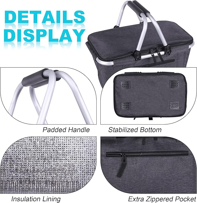 Picnic Basket, SIYUAN Collapsible Market Basket Insulted Cooler with Handles 27L Large Farmers Grocery Basket with Lid Portable Tote Bag, Black