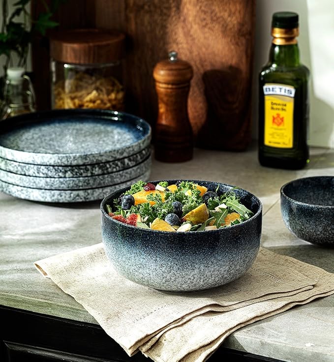 S&Q'S CERAMICS Cereal Bowls - 36 Ounce, Japanese Noodle Bowl Set, Ceramic Bowls for Kitchen, Breakfast, Oatmeal, Microwave and Dishwasher Safe, [Set of 4], Dark Blue