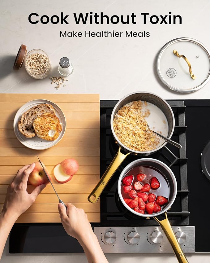 Gold Pots and Pans Set, Hybrid Hammered Stainless Steel, 10PC Nonstick Kitchen Cookware Sets w/Frying pan, Non Toxic, Oven Safe & Compatible with All Stovetops, Holiday Cooking Gift for Him or Her