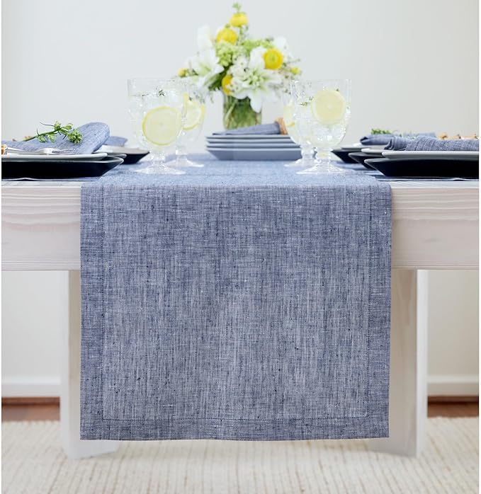 Solino Home Linen Table Runner 144 Inches Long - Athena, 100% Pure Linen Chambray Indigo 14 x 144 Inch Table Runner for Dining, Summer
