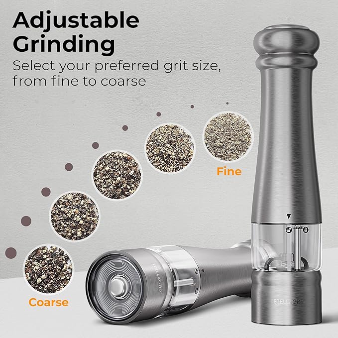 Premium Electric Salt and Pepper Grinder Set - Stainless Steel Battery Salt and Pepper Grinder Set with Adjustable Coarseness & Warm White Light - Automatic Spice Mill Shakers