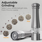 Premium Electric Salt and Pepper Grinder Set - Stainless Steel Battery Salt and Pepper Grinder Set with Adjustable Coarseness & Warm White Light - Automatic Spice Mill Shakers