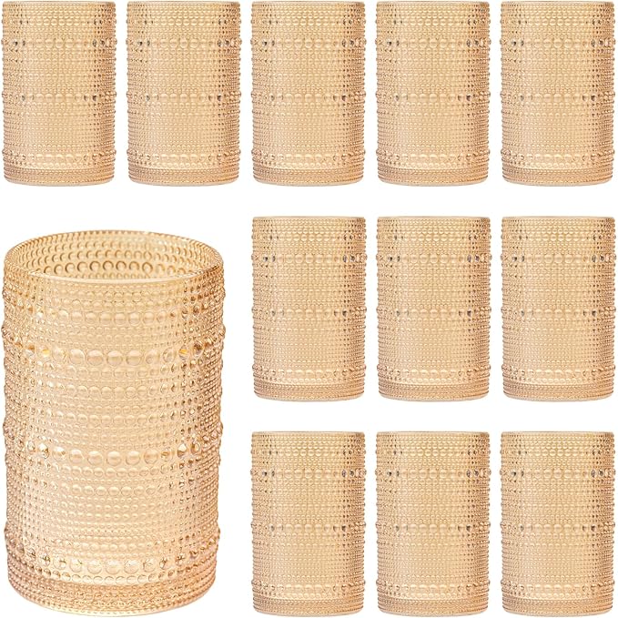 XKXKKE Amber Hobnail Beaded Drinking Glasses Set of 12, 15 oz Vintage Glassware Set Romantic Water Glasses Tumbler, Water Cups, Clear Embossed Glassware Set for Beer, Juice, Cocktail, Soda, Beverages