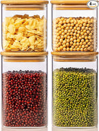 42oz & 27oz - 4 Pack Square Glass Jars with Bamboo Lids, Glass Food Storage Containers with Airtight Lids for Kitchen, Air Tight Pantry Storage Containers for Cereal, Pasta, Rice, Sugar, Coffee, Spice